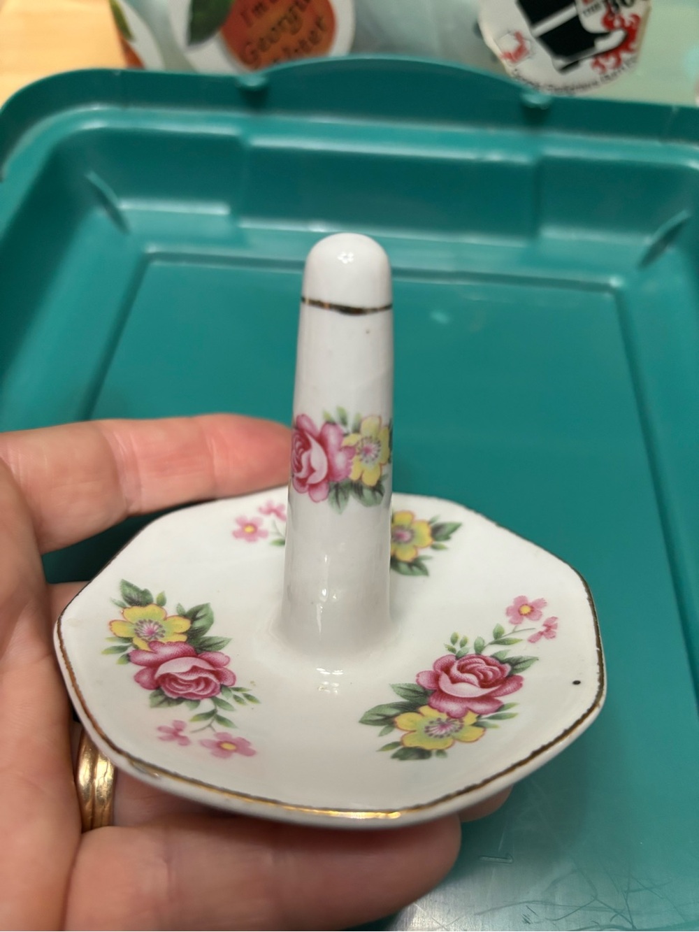 Porcelain Floral Ring Holder with Pink Roses and Yellow Blooms